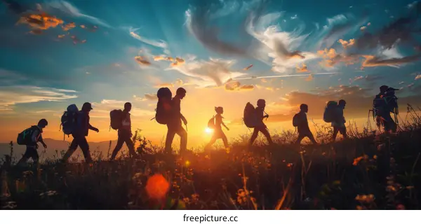 A group of people hiking in the mountains at sunset
