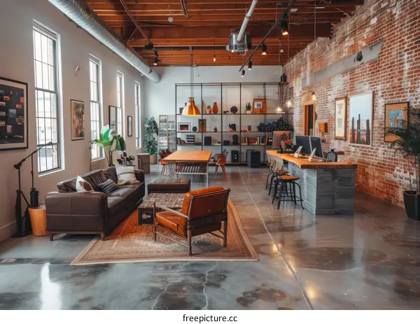 Open office space with brick walls and large windows