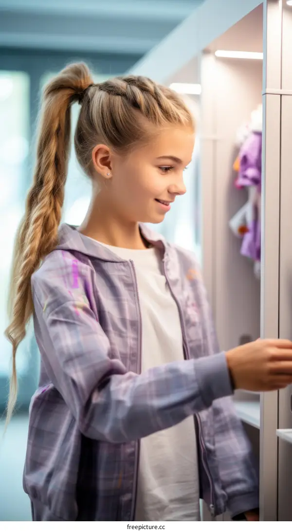 Teenage girl with blonde hair in a ponytail wearing a purple jacket smiling while looking at clothes in a store