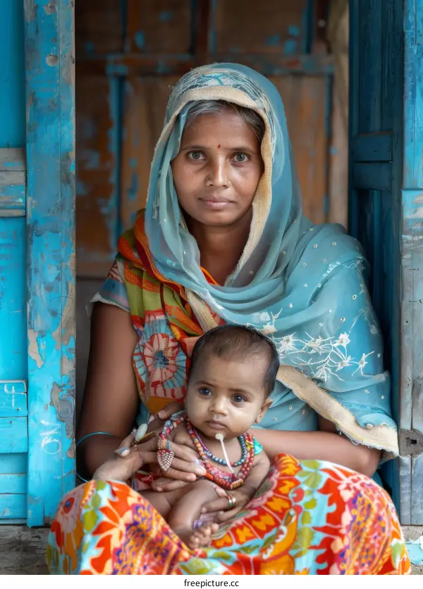 A mother and her child in a rural village in India