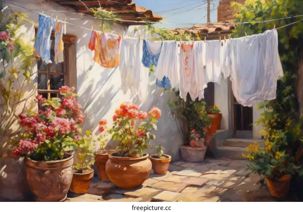 Clothesline in a Mediterranean Courtyard