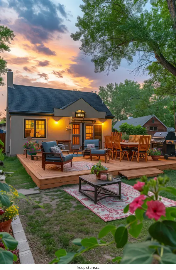 Backyard with a wooden deck, patio furniture, and a grill