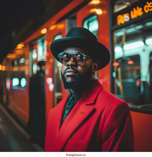 Stylish Black Man Wearing Sunglasses and Red Coat Standing In Front of Train