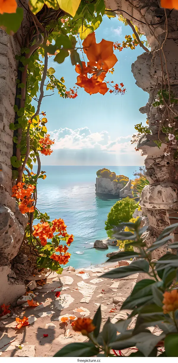 Ocean View Through Stone Archway With Orange Flowers