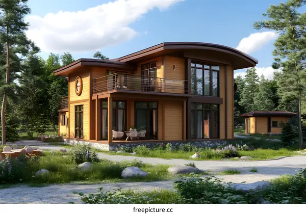 Modern Wooden House with Balcony and Large Windows