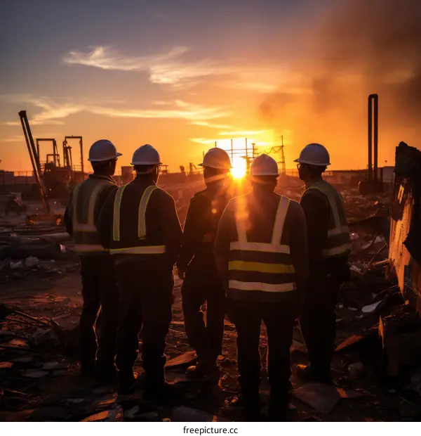 Construction workers watch the sunset over the city