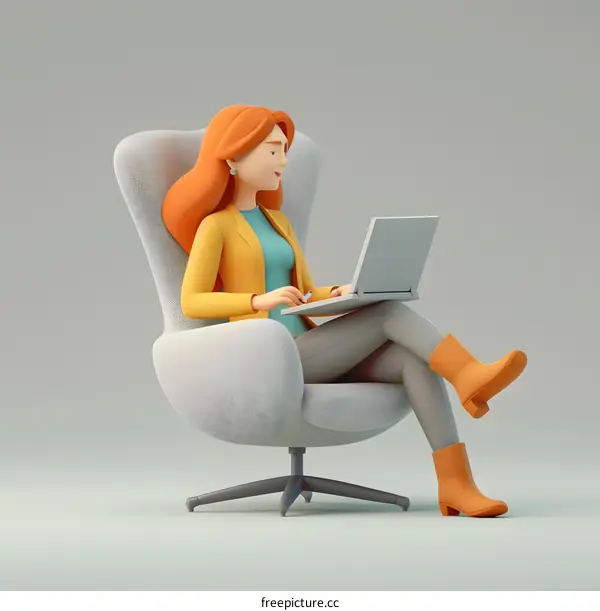3D Cartoon Woman Working On Laptop In An Armchair