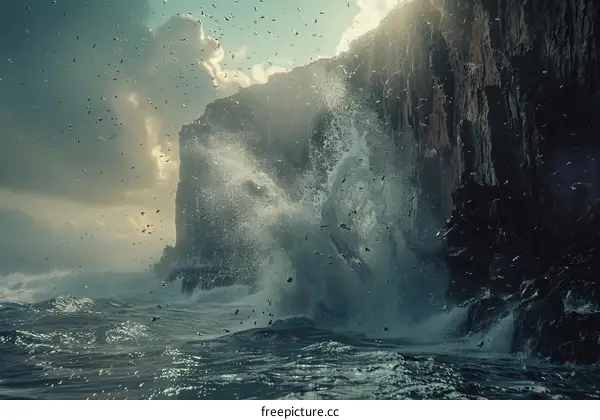 Huge waves crashing against a rocky cliff face