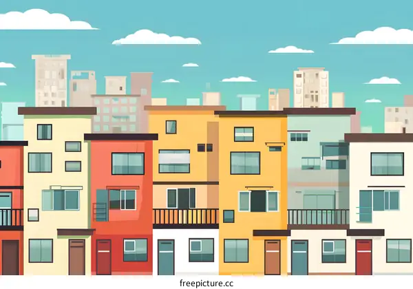 Colorful Cityscape Illustration With Row Of Apartments And Blue Sky