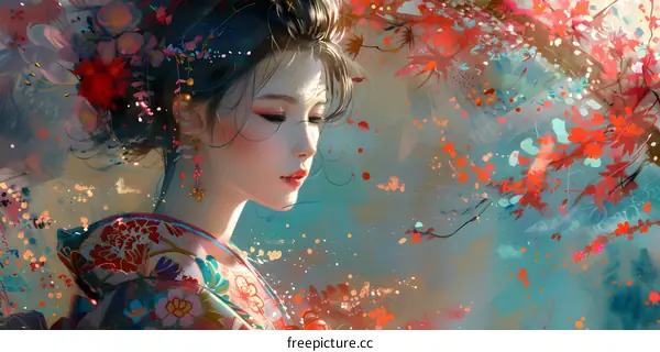 Japanese Woman in Traditional Kimono with Floral Background