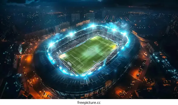 Aerial View of Football Stadium Illuminated at Night
