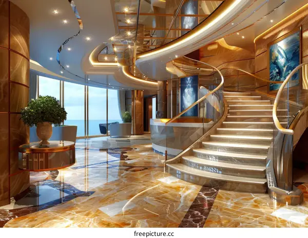 Luxury cruise ship interior staircase
