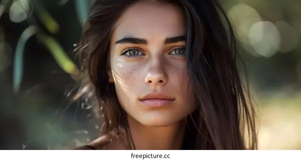 Portrait of a Young Woman with Freckles and Long Hair