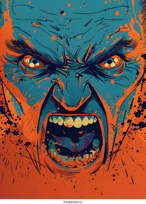Illustration of a man screaming with a blue face and orange background
