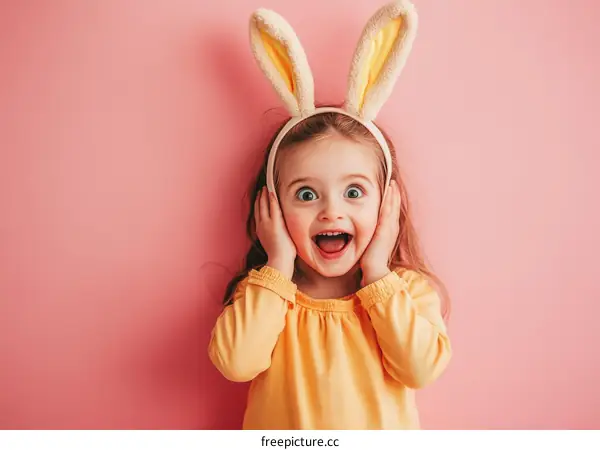 Adorable Girl with Easter Bunny Ears on Pink Background