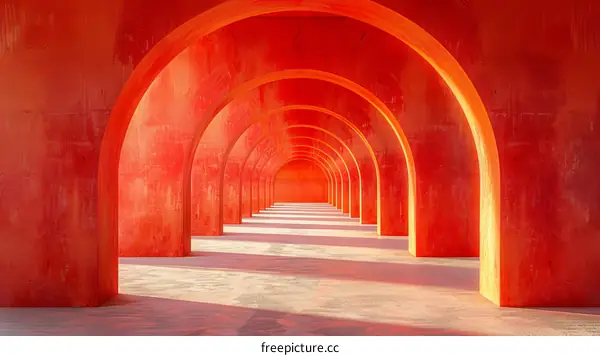 Futuristic empty hallway with red arches