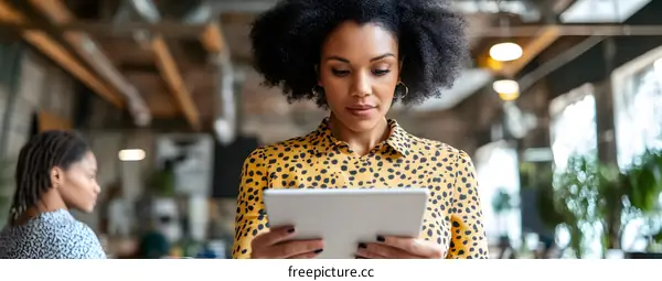 African American Woman Using Tablet In Modern Office
