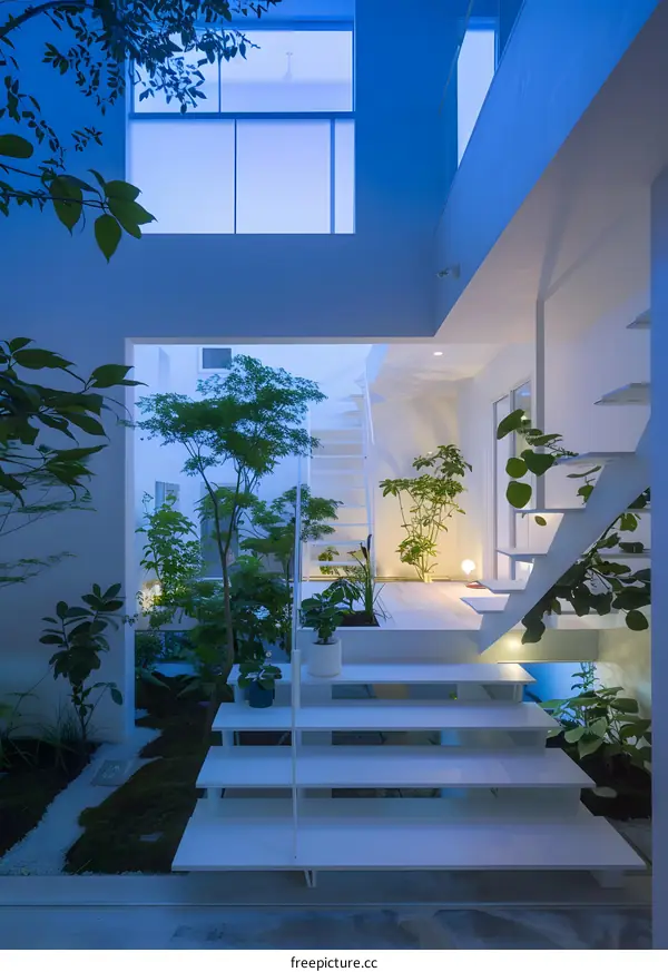 Modern Interior Design White Staircase With Green Plants