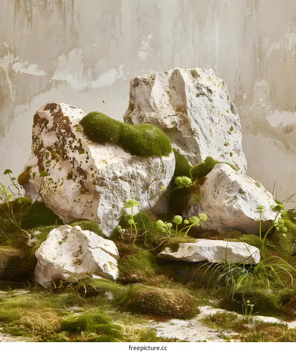 Green Moss and Rocks in a Minimalist Setting