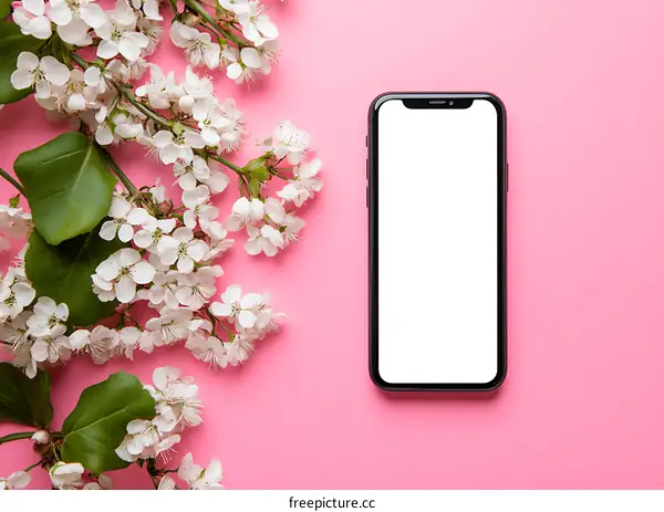 White Flowers and a Black Smartphone on Pink Background