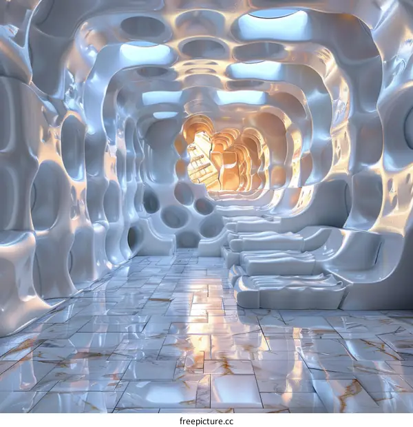 Futuristic Spaceship Interior with White Walls and Marble Floor