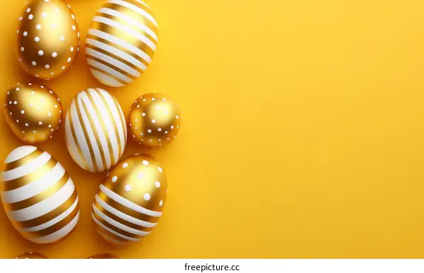 Golden Easter Eggs on Yellow Background