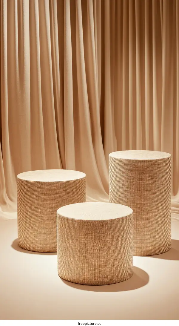 Beige Cylindrical Display Stands Against Draped Fabric