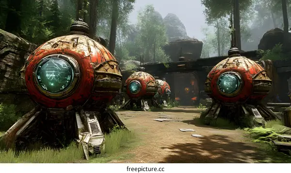 Futuristic Spaceships in a Jungle Setting