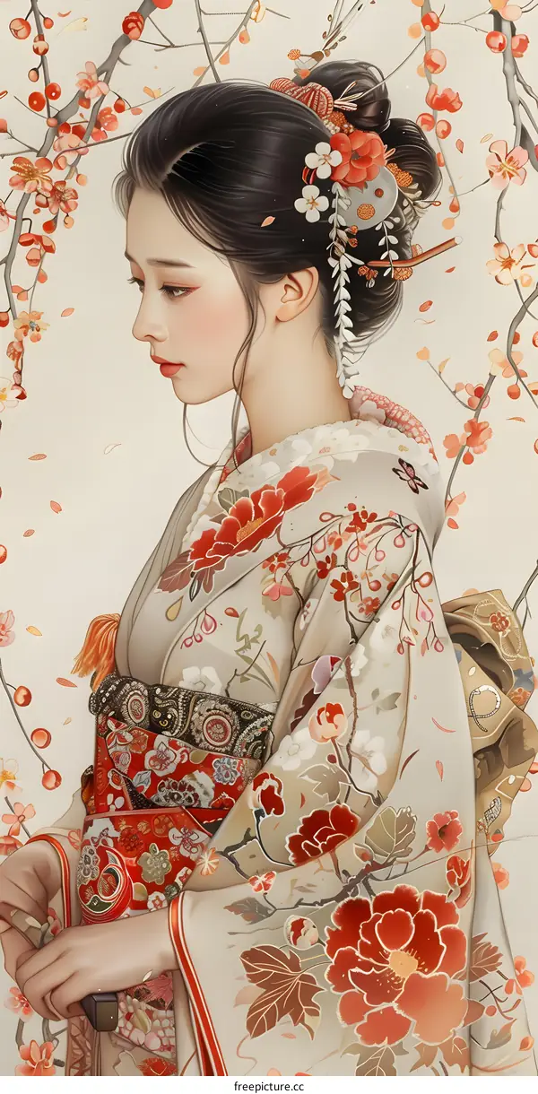 A beautiful Japanese woman wearing a kimono with red and white flowers.