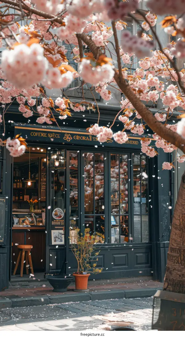 A pink spring tree in front of a coffee shop