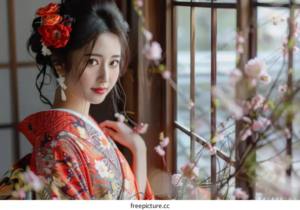 Portrait of a beautiful Japanese woman in traditional kimono