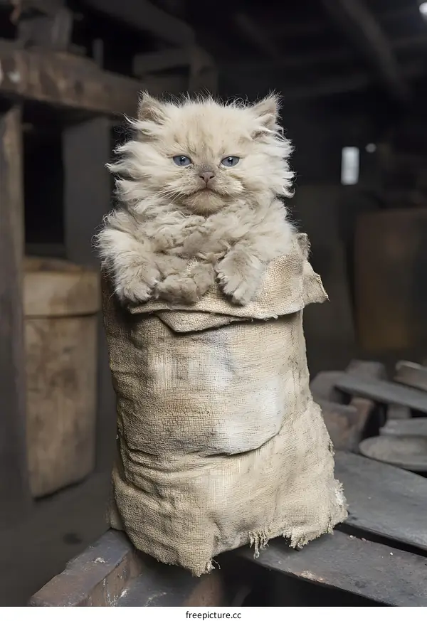 Cute Fluffy Cat Sitting Inside a Burlap Sack