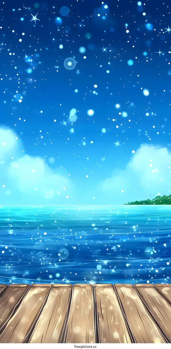 Wooden Deck Over Blue Ocean Water with Stars