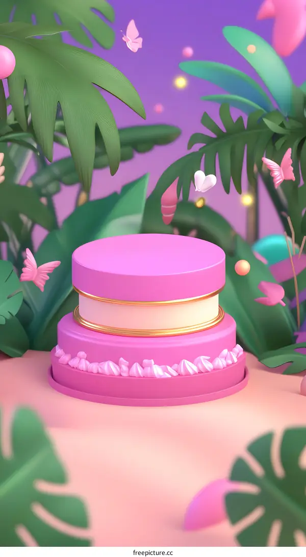 Pink and Gold Podium with Butterfly and Tropical Plants 3D Render