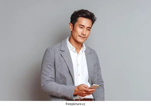 Asian Man in Business Outfit Using Smartphone