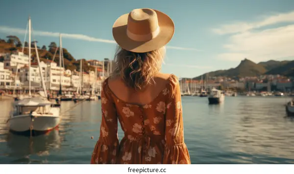 Lady in a straw hat looking at the harbor