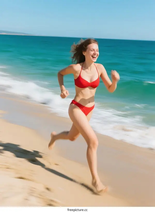 Young woman running on a sunny beach in a red bikini