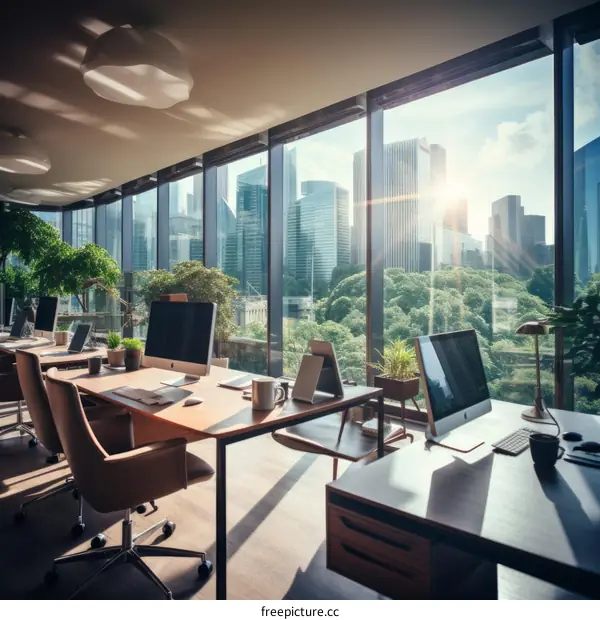 The sun shines through the office windows