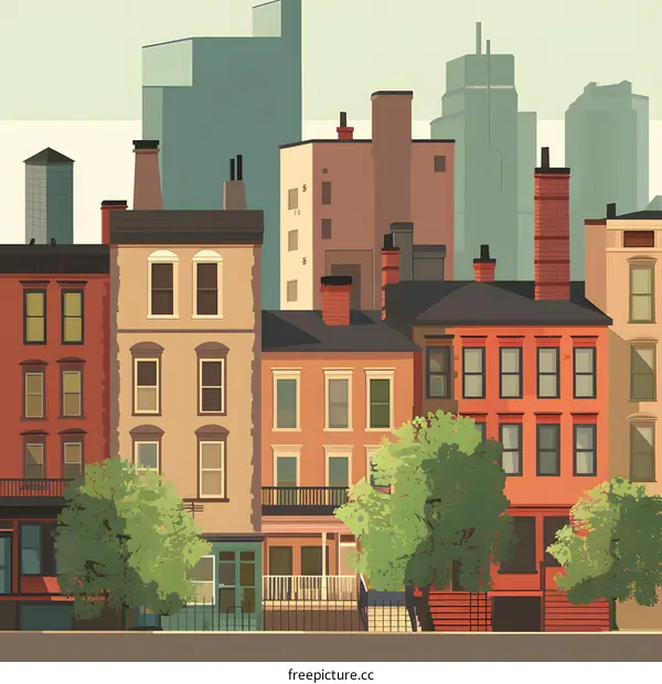 Cityscape Illustration with Brownstone Buildings and Green Trees