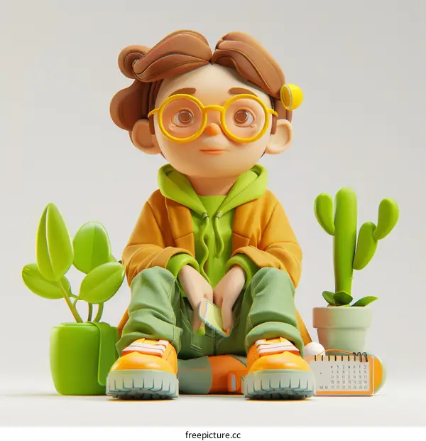 Cartoon Character Illustration Sitting in Yellow and Green Clothes