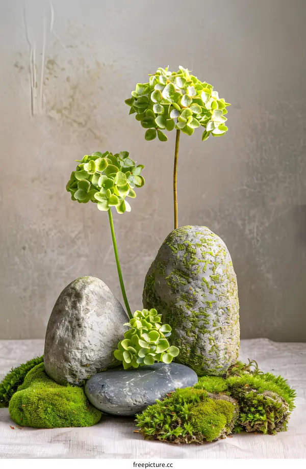 Green Hydrangea Flowers on Mossy Stones