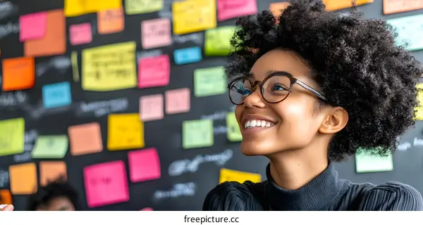 Smiling Woman Looking Up at Sticky Note Wall