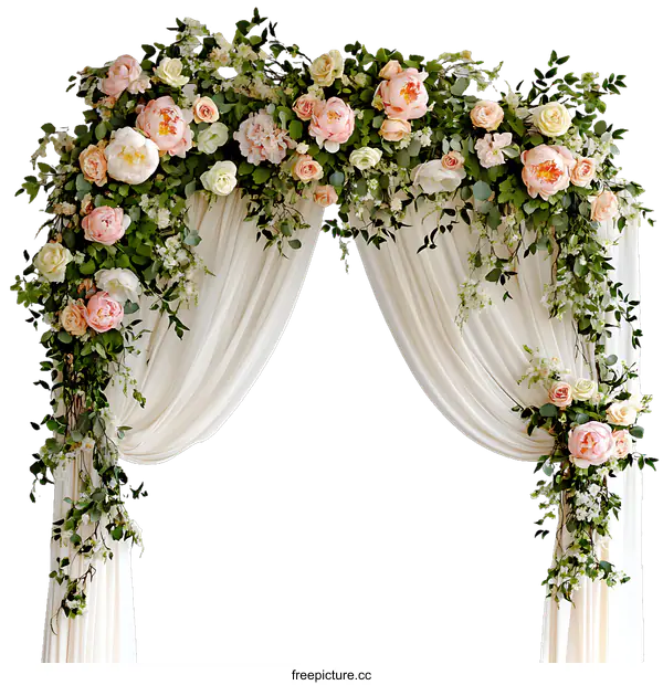 [Transparent Background PNG]Floral Wedding Arch Decorated with Pastel Roses and Greenery
