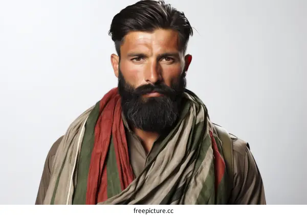 portrait of a middle eastern man with a beard and a scarf