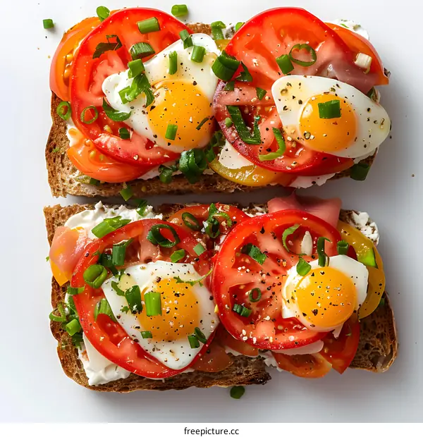 Two open-faced sandwiches with heart-shaped tomatoes and eggs