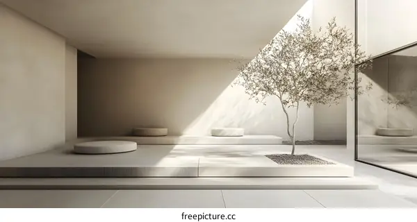 Minimalist Interior Design with White Walls and Tree