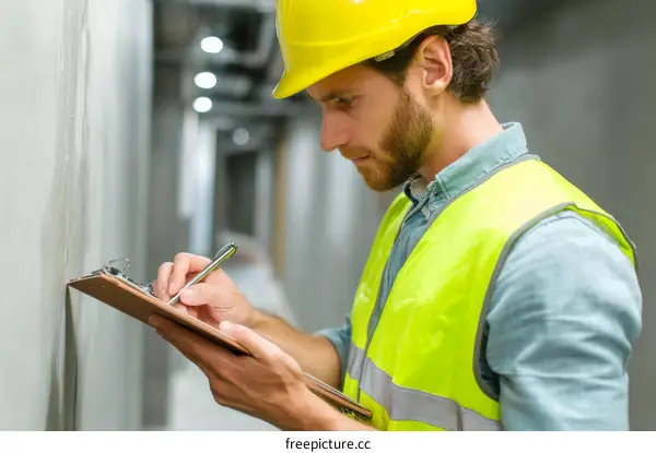 Construction worker taking notes on a clipboard