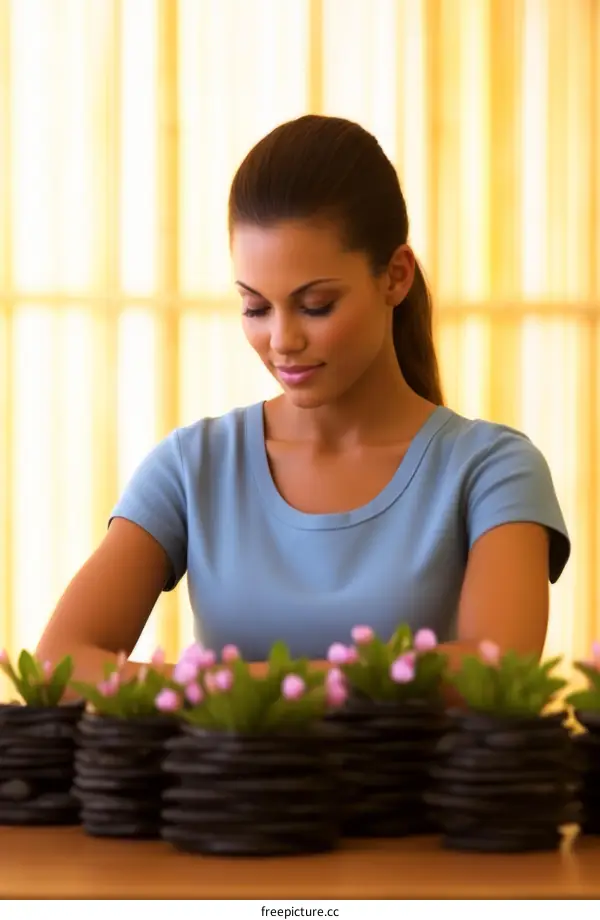 A woman in a blue shirt is arranging flowers on a table