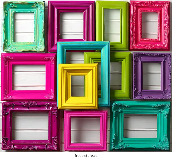 Colorful Decorative Picture Frames Displayed on a Wall