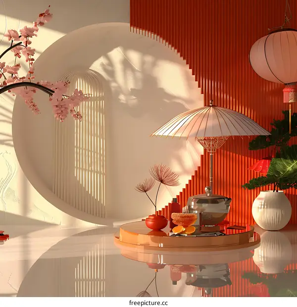 Japanese Inspired Minimalist Interior Design with Red and White Accents